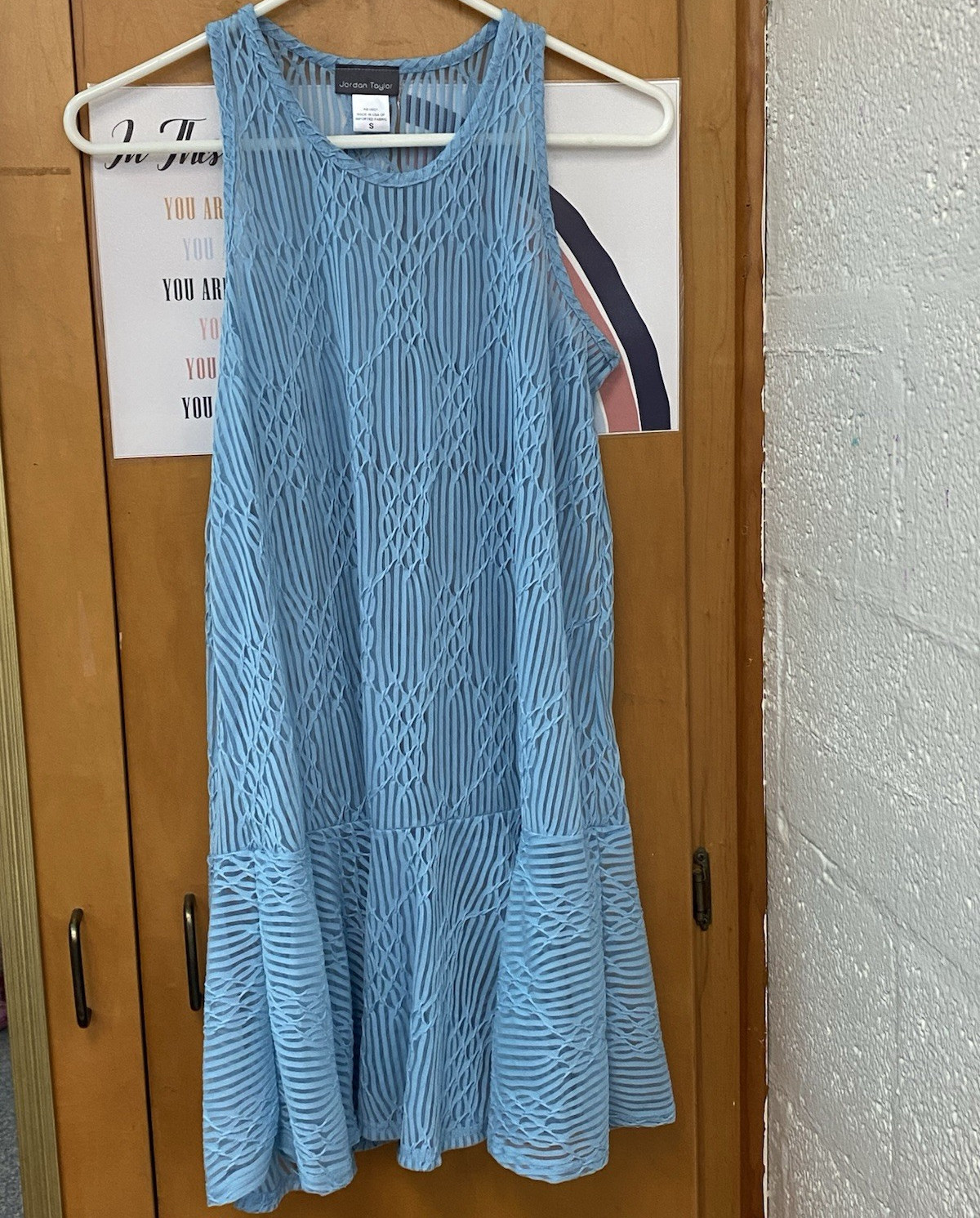 Jordan Taylor Blue Solid A-Line Round Neck Sheer Mesh Lined Dress S