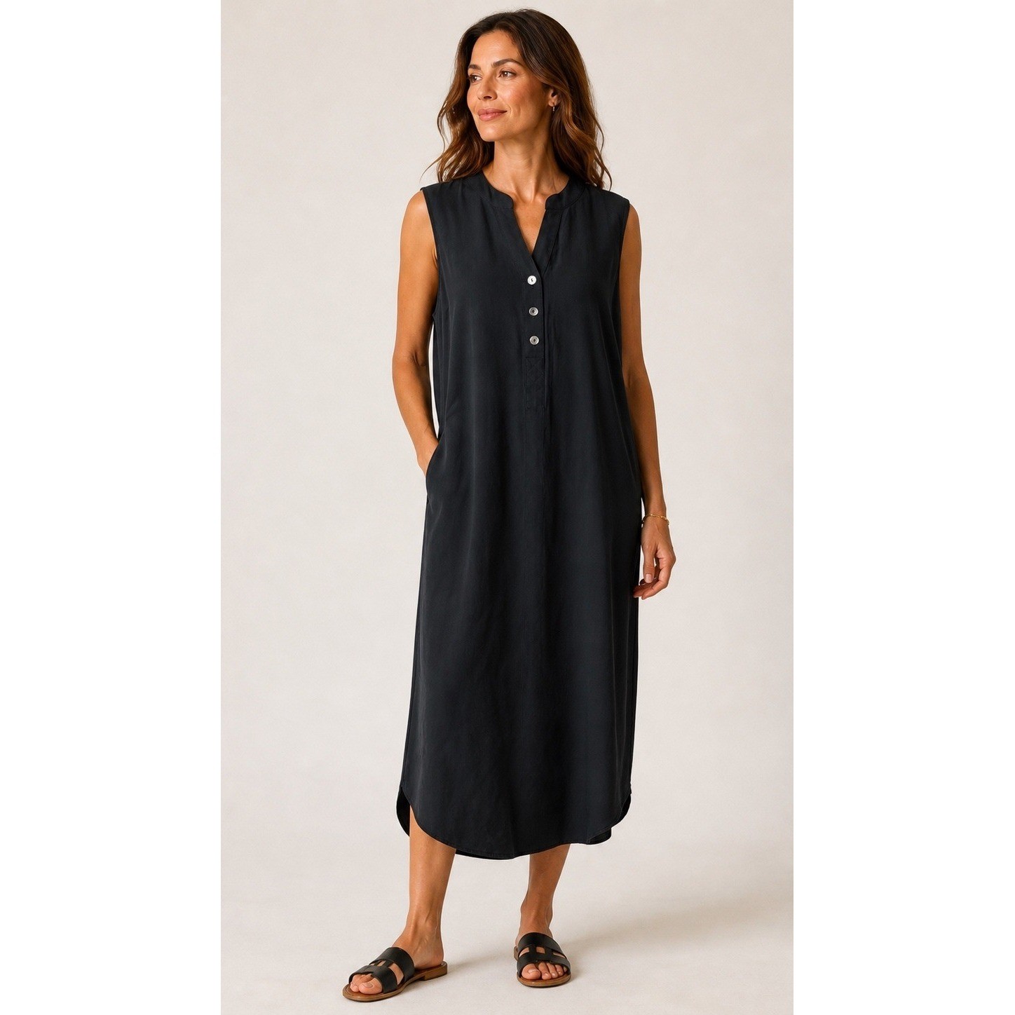 J Jill Sleeveless Midi Dress Women Medium Black Split Neck Pockets Preppy Gothic