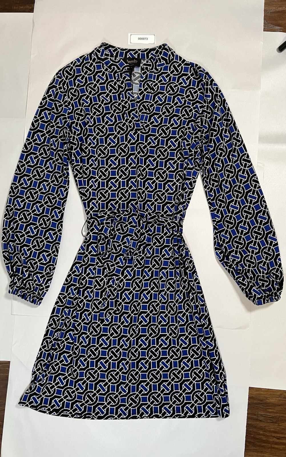Laundry by Design Blue Black Geometric Chain Print Tie Waist Shirt Dress Size M