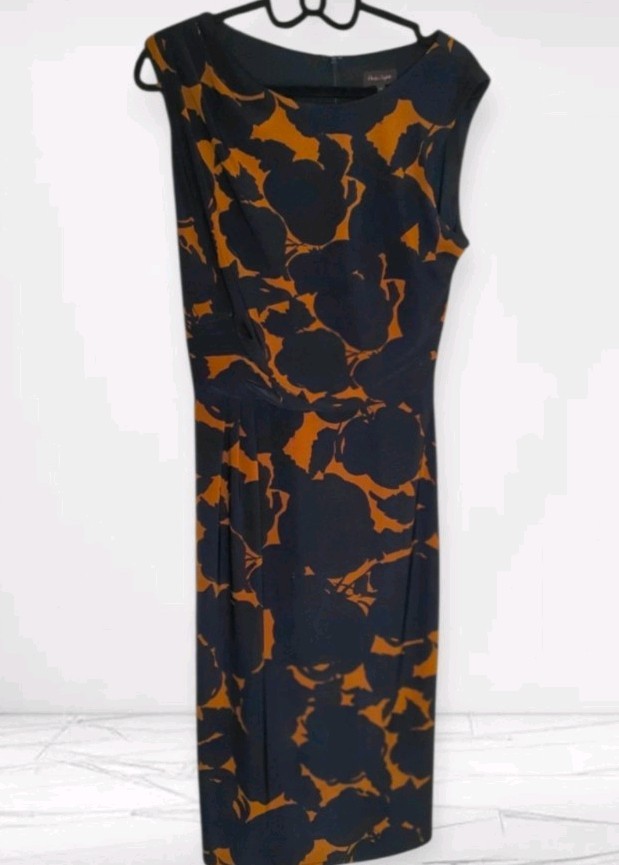 Phase Eight black fawn camel dress abstract floral ruched wiggle size 12 DEFECT