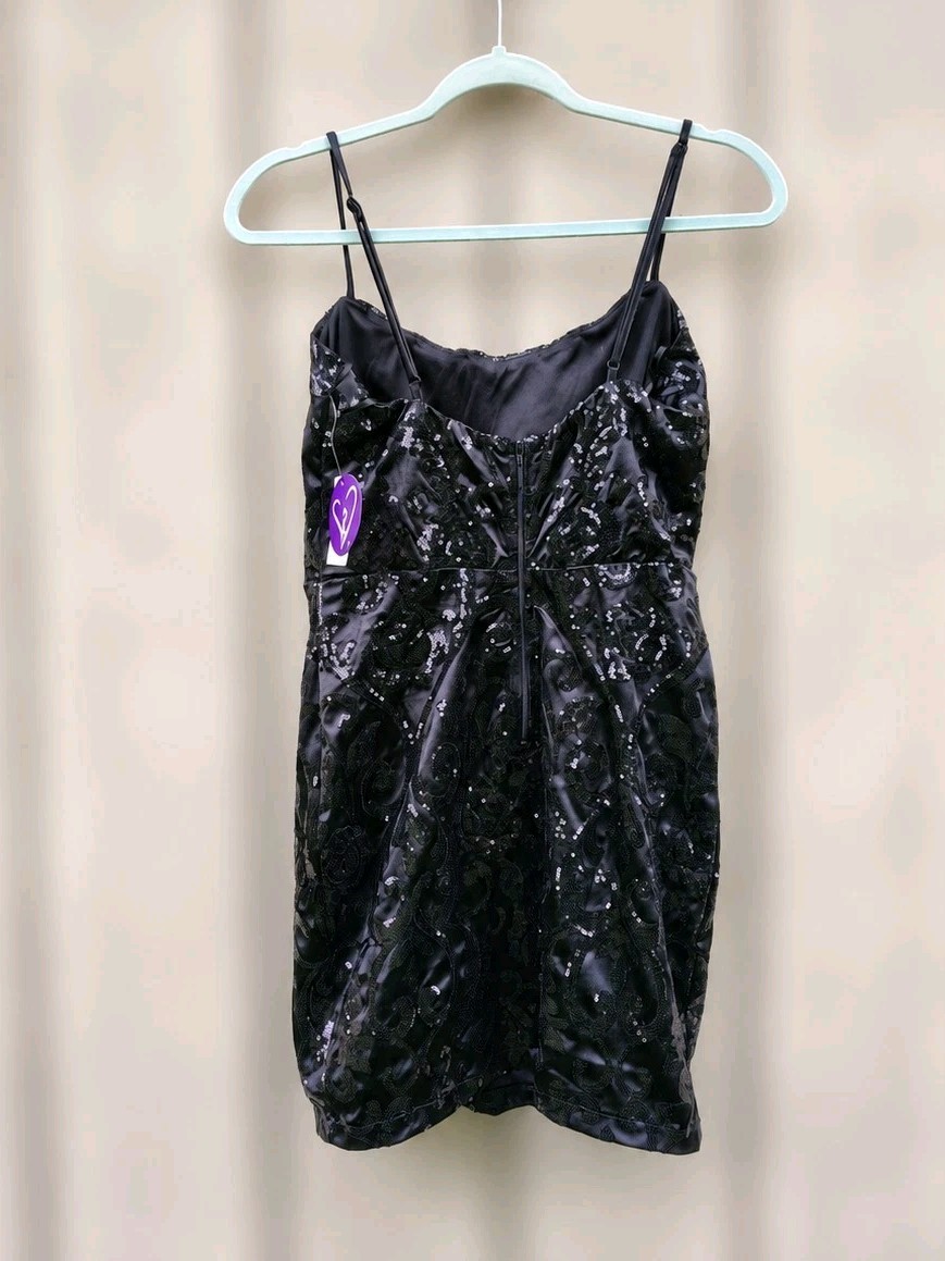 NEW Windsor Black Sequin Mini Dress Large Spaghetti-Strap Back Zip Stretch Event