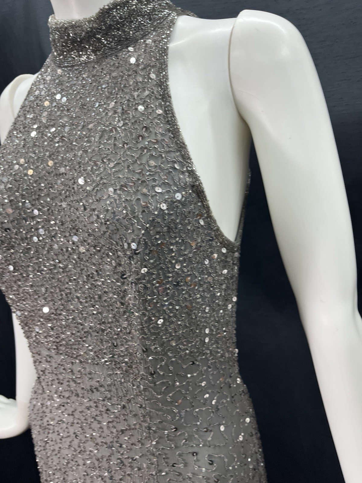 Creative Creations Beaded Silk Gown Dress Gray Sleeveless Long Sz Like S Heavy