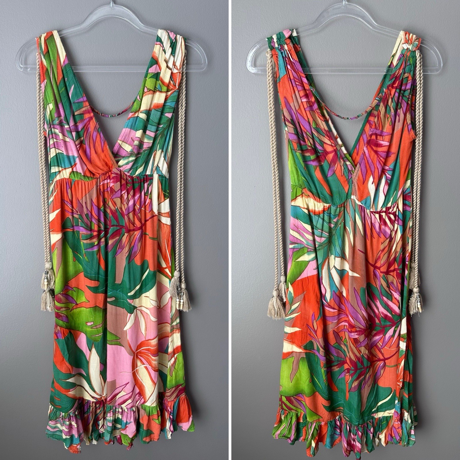 True Destinations Tropical Floral V-Neck Tassel Detail Resort Wear Dress Women S