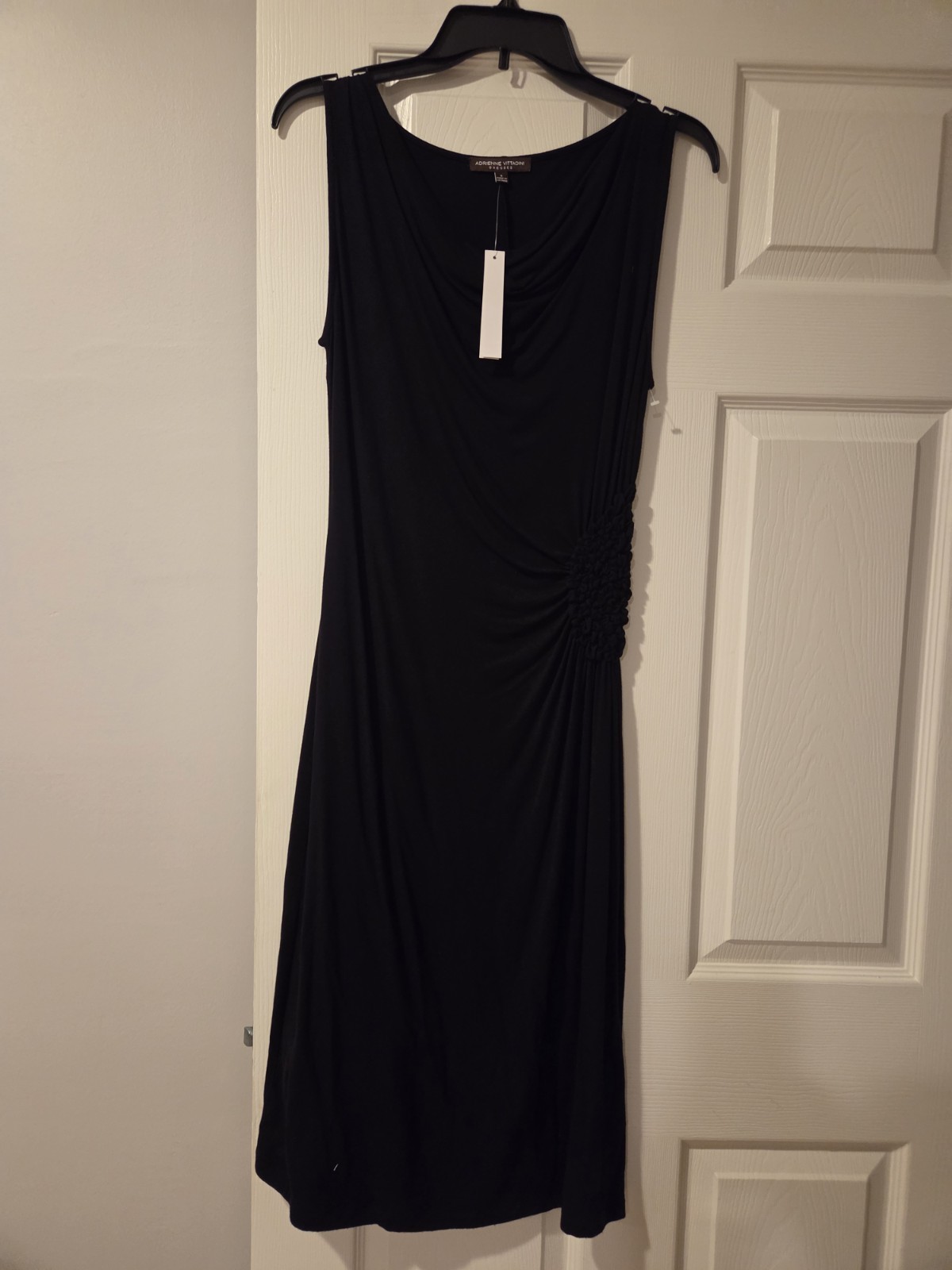 NWT Adrienne Vittadini Black Solid Sleeveless Cowl Neck Ruched Stretch Midi S
