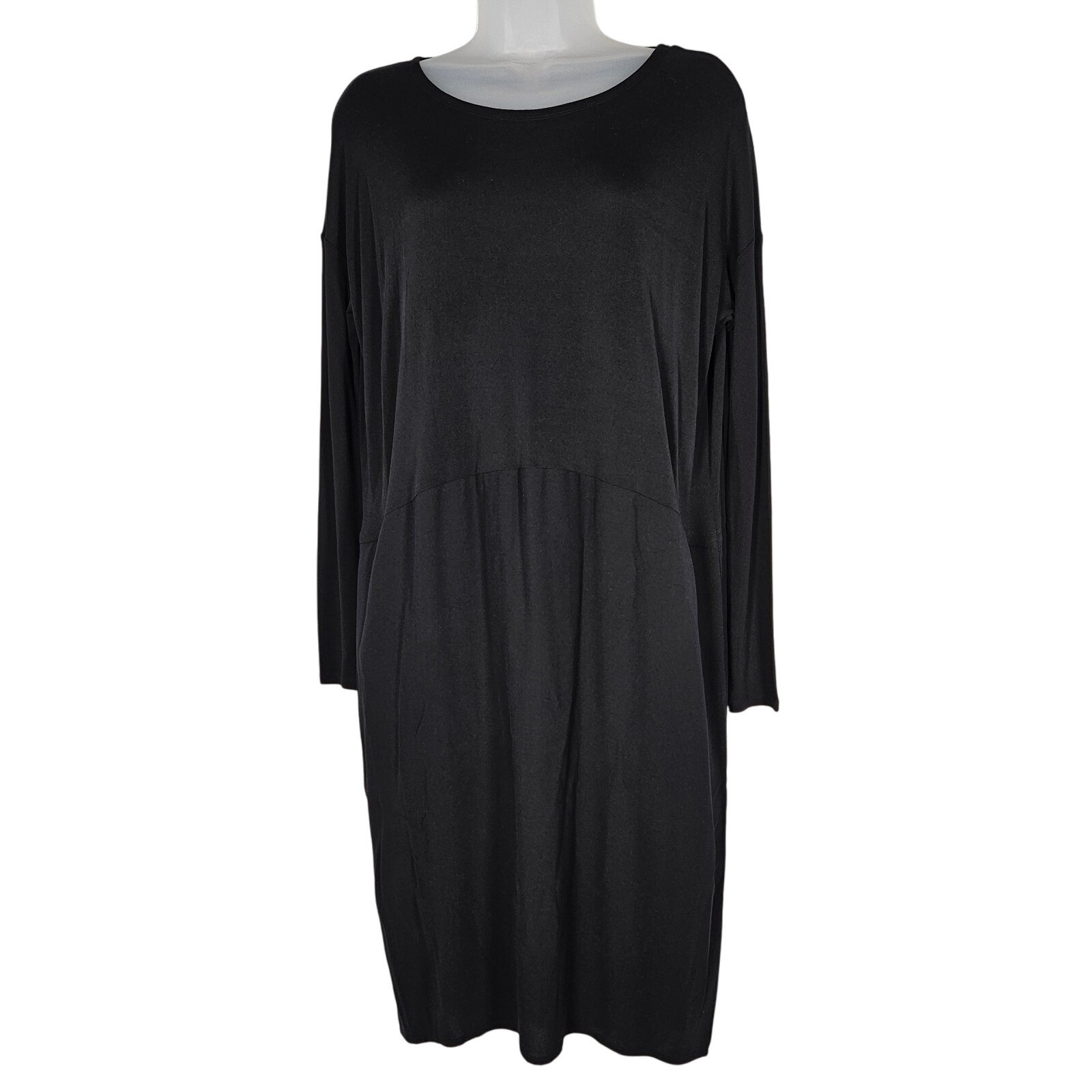 Eileen Fisher Shift Dress XXS Black Silk Round Neck Long Sleeve Pocket Minimal
