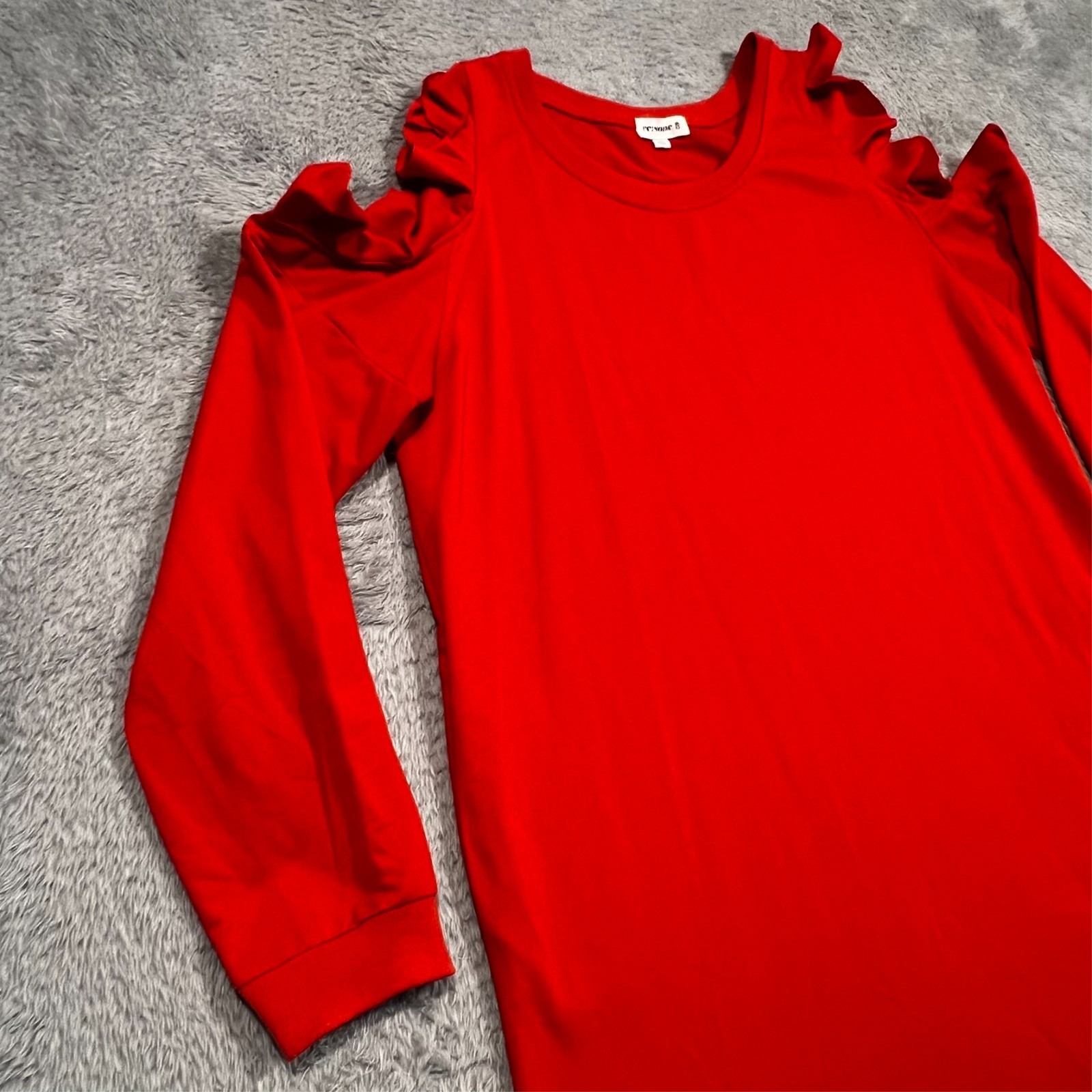ee: some Shirt DressBurnt Orange Red Ruffle Cold Shoulder Long Sleeve Women’s L