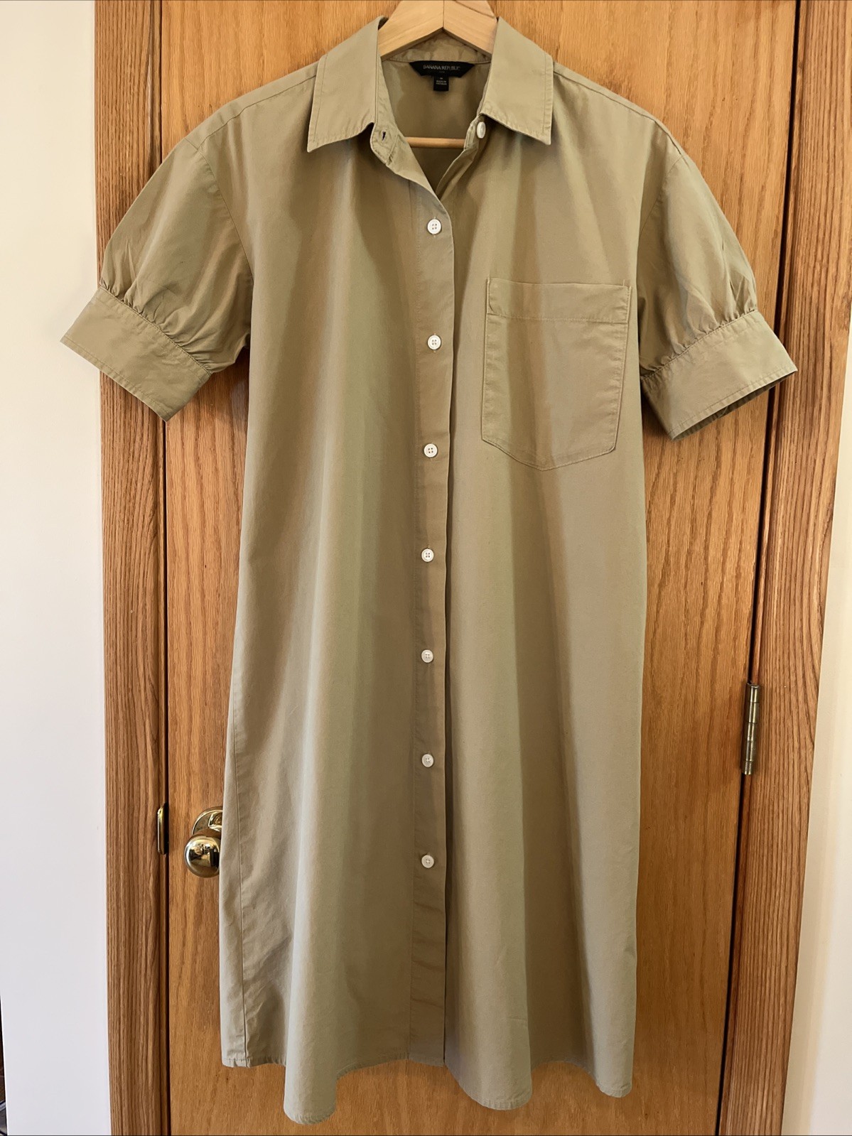 Banana Republic S Khaki ShirtDress Cotton Short Puff Cuffed Sleeves Button Front