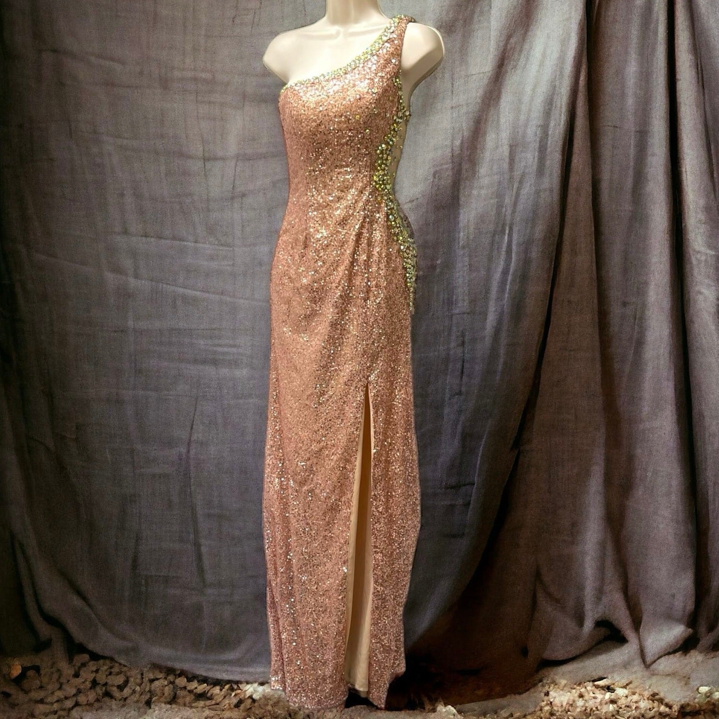 Dancing Queen Gold Sequin w Crystals One Shoulder Goddess Long Formal Dress XS