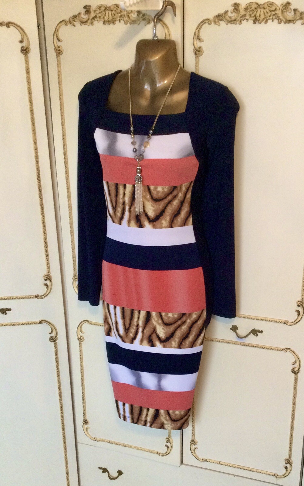 PICADILLY UK 10 / 12 Designer Navy / Coral / Multi Print Dress NWT RRP £159