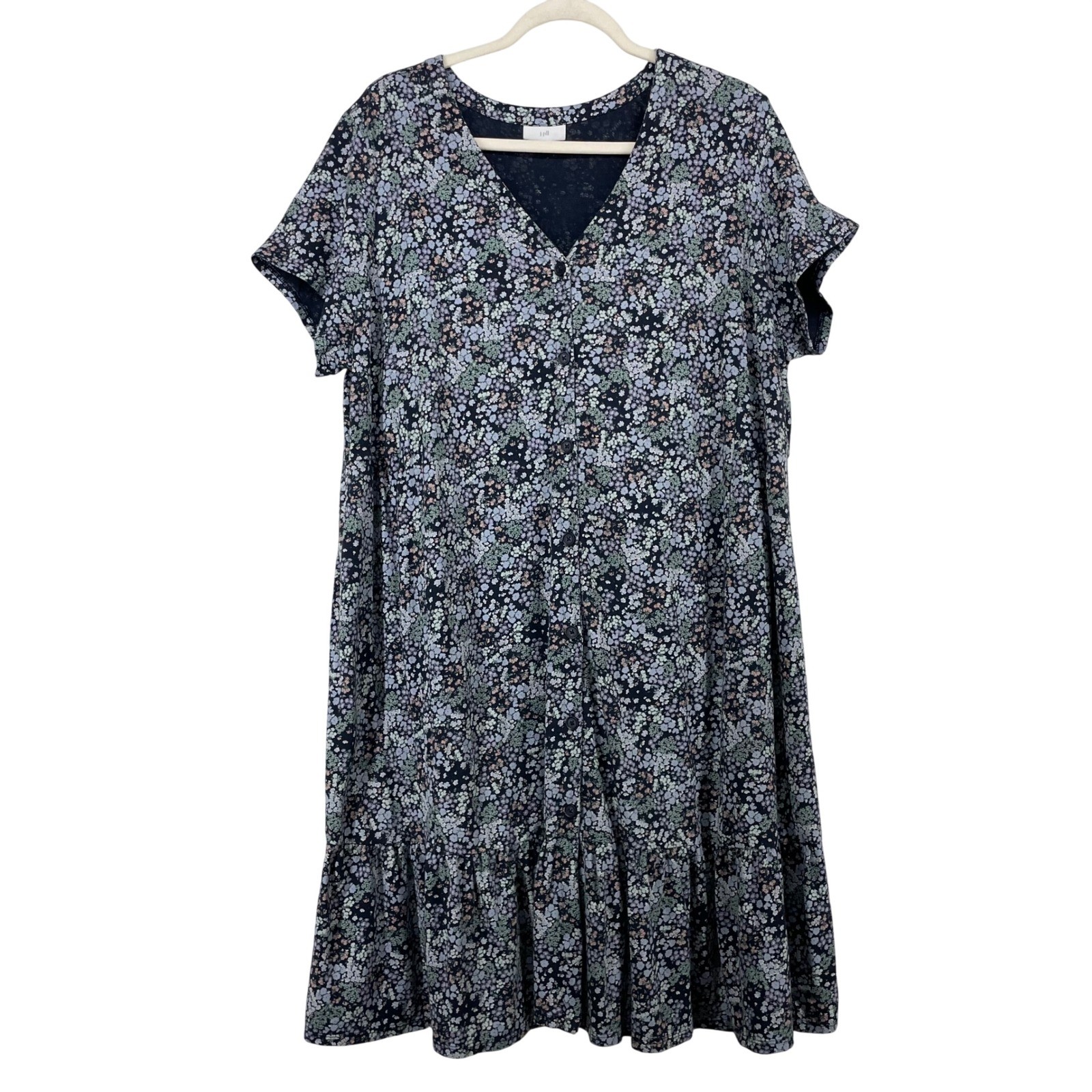 J. Jill Size XL Tiered Button Front Dress Navy Blue Floral Knit Cotton Blend