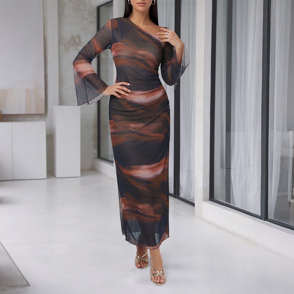 Women’s Cold Shoulder Sleeve Long Sleeve Ankle-Length Mesh Dress Party Dresses