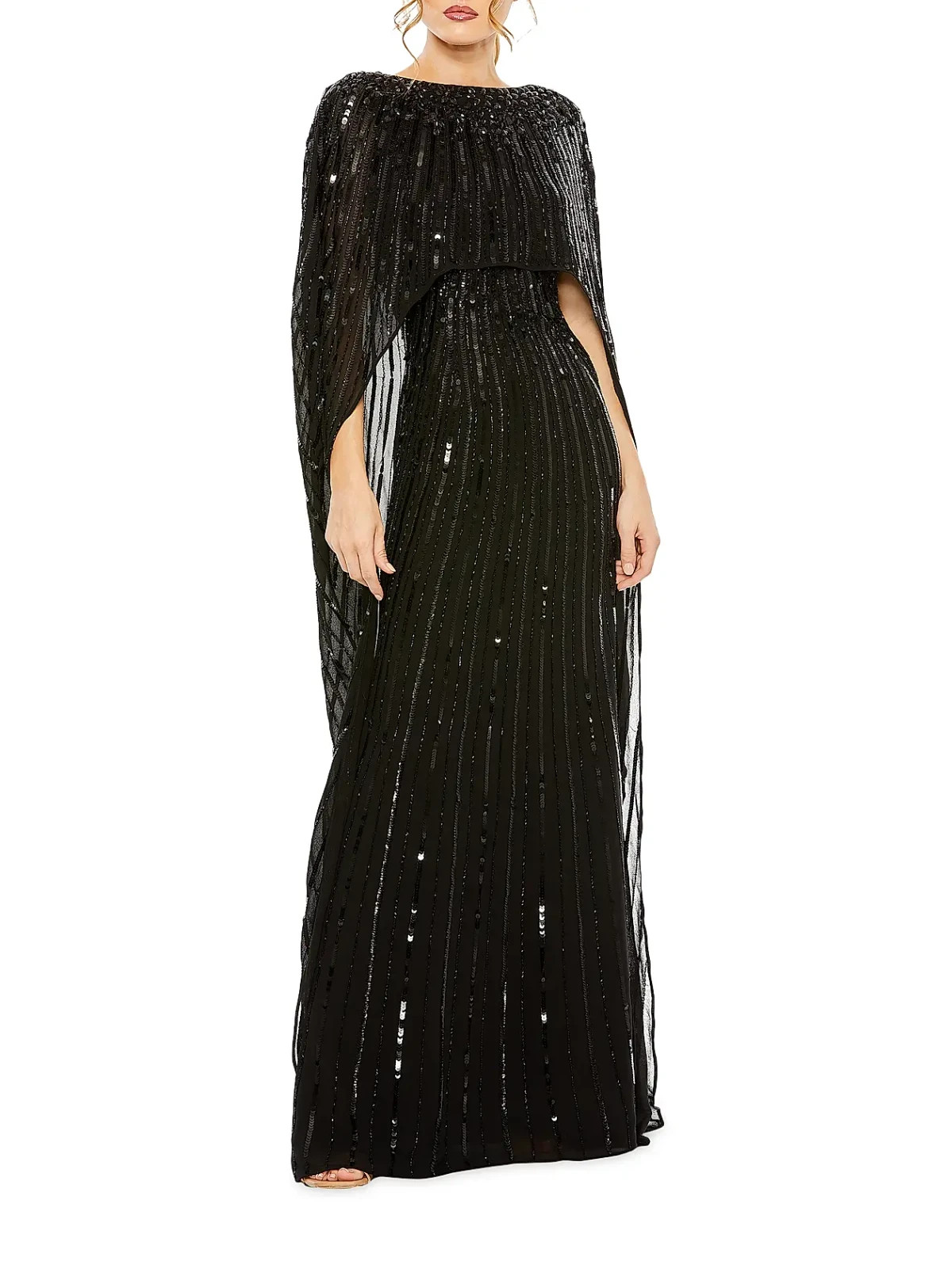 Mac Duggal Black Embellished Sequin Beaded Column Cape Gown Size 16 $798