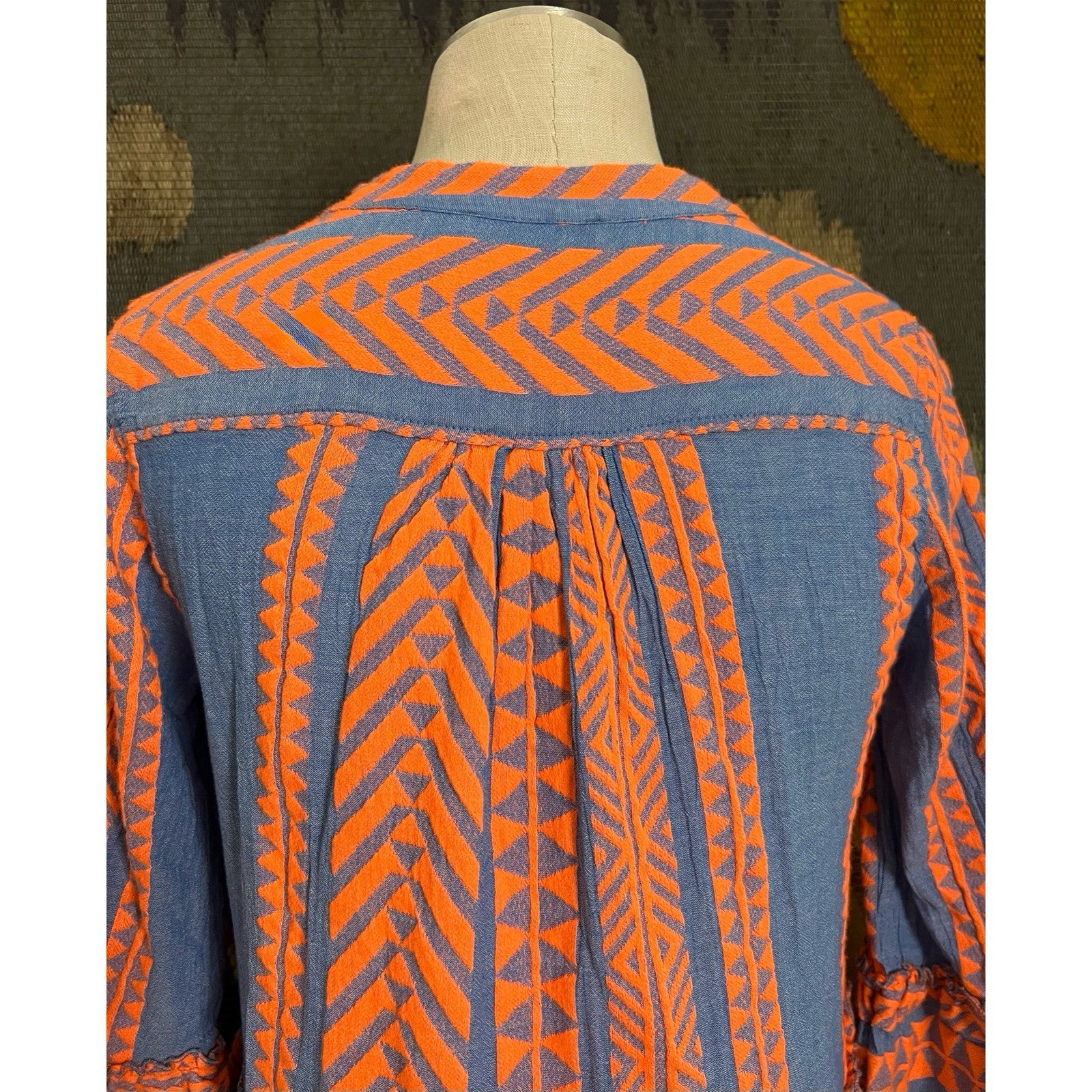 Devotion Twins Embroidered Orange Chambray Blue Embroidered Mini Dress XS