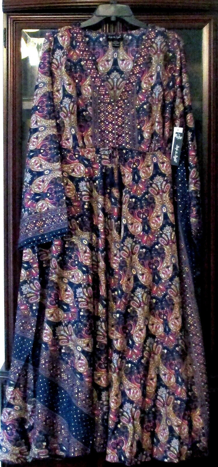 NWT Step In Style Royal Blue Gold Foil Paisley Bell Slv Boho Maxi Dress 1X 2X 3X