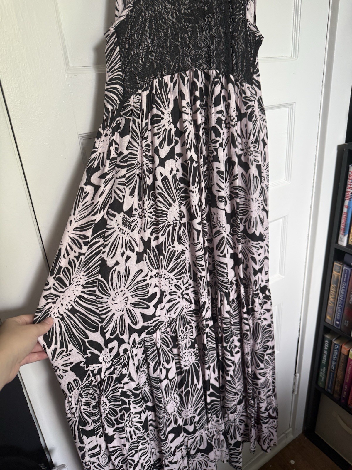 Free People “Tiers For You” Boho Maxi Dress w/Floral Print & Crochet Trim M