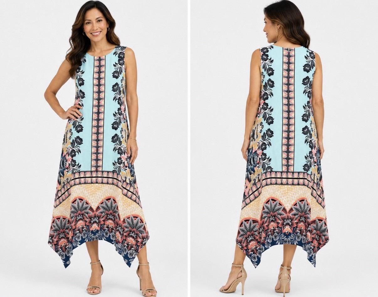 SUNDANCE Women’s Enchanted Island Boho Floral Handkerchief Hem Midi Dress Sz 2P