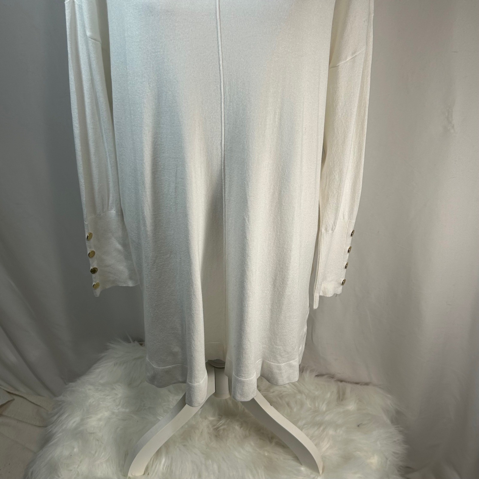 Anne Klein Ivory Mock Neck Tunic Sweater Dress Gold Button Cuff Women’s L