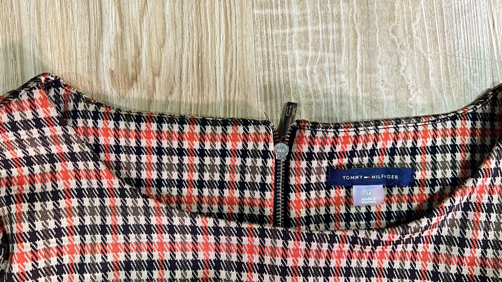 Tommy Hilfiger Plaid Houndstooth Dress Short Cap Sleeve Knee Length Size 14 Chic