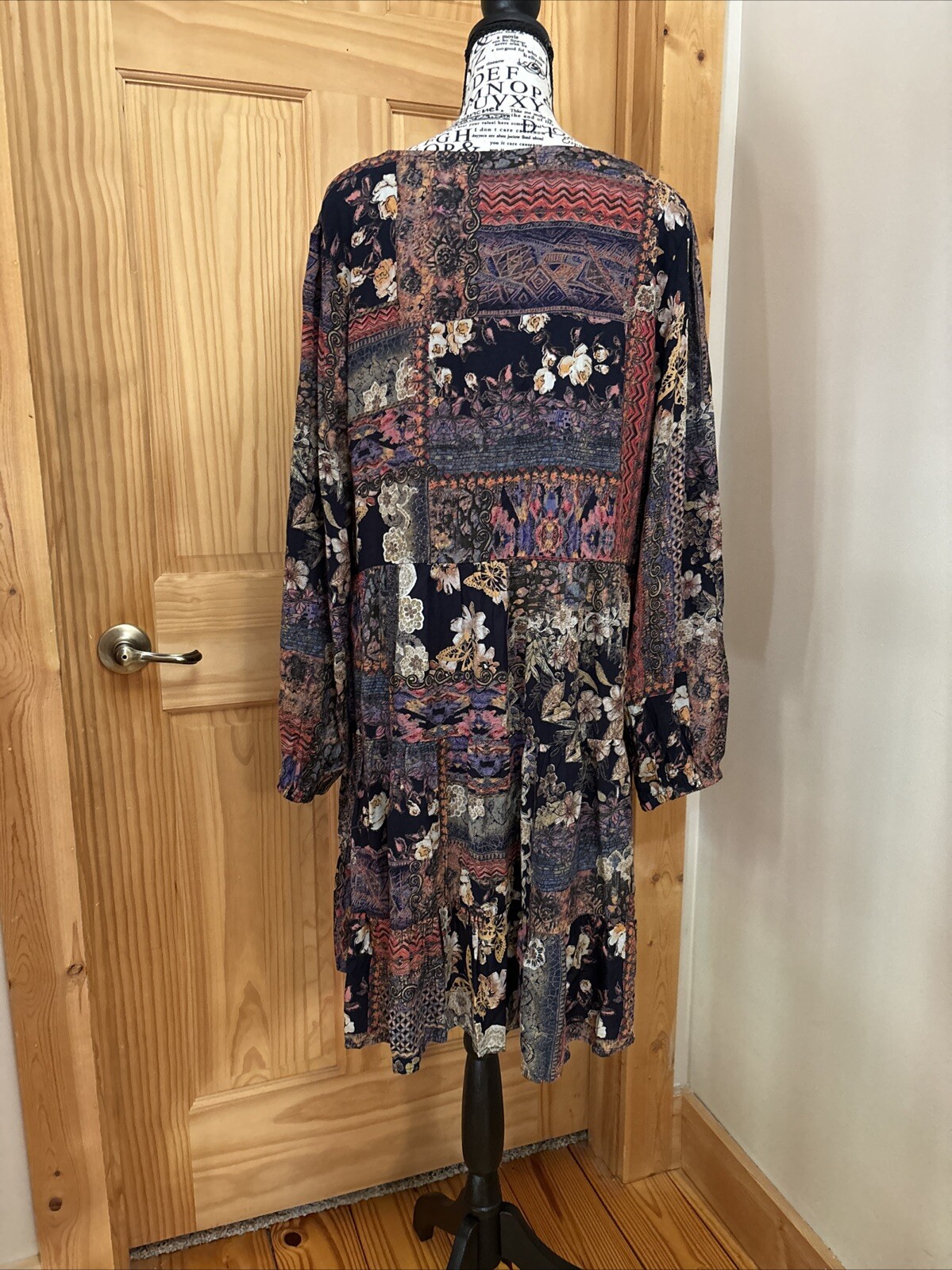 Papillon Patchwork Printed Dress Women’s XL Boho Artsy Blue Floral Style 15526