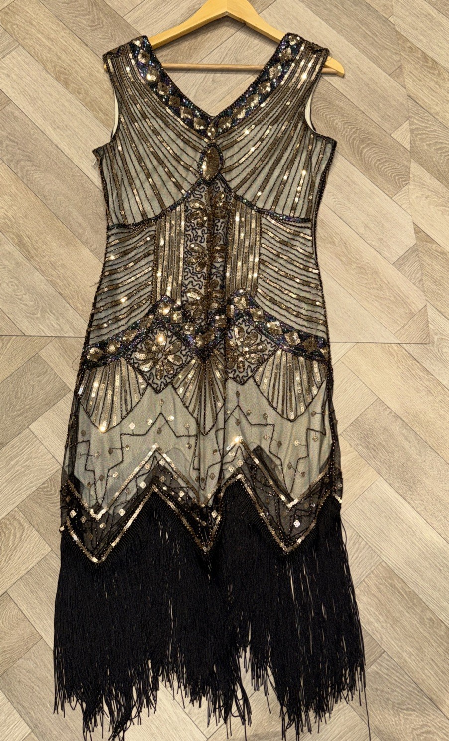 Great Gatsby Flapper Fringed Party Dress Black Gold Art Deco Sequins Size 12