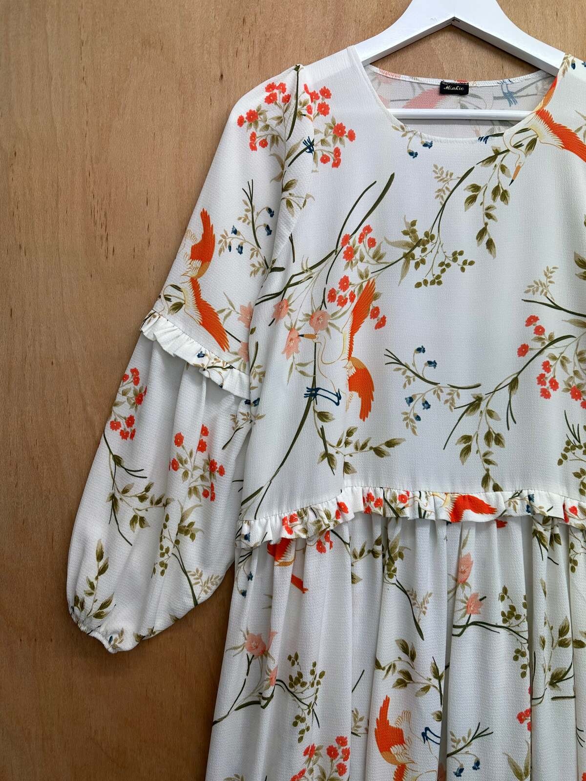 Minkie Size S White Orange Chiffon Botanical Bird Frill Tiered Long Sleeve Dress