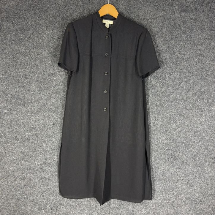 Amanda Smith Dress Women 12 Black Shift Midi Button Crew Neck Lined Short Sleeve