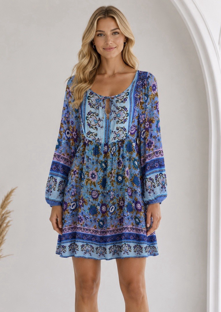 Womens Floral Balloon Sleeve Tie Neck Dress Size XL Summer Resort Boho Chic