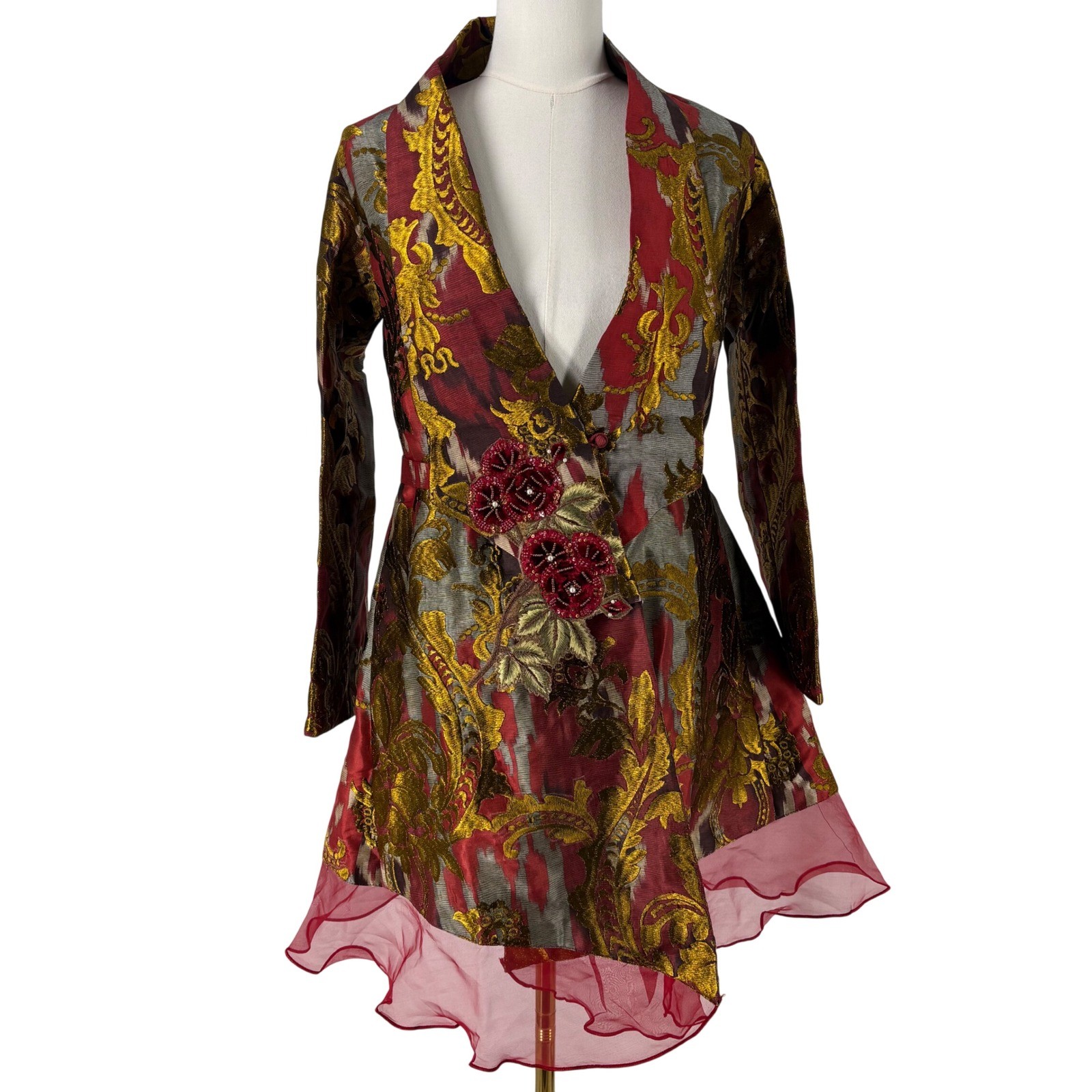 Shamaeel Metallic Brocade Red Gold Damask Jacket Dress S Beaded Floral Couture