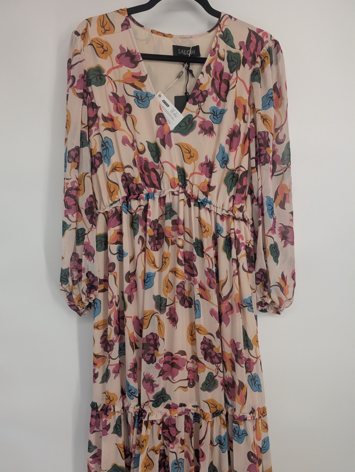 NWT Saloni Nina Tiered Floral Long-sleeve Maxi Dress Sz US10 Ivory #9M604