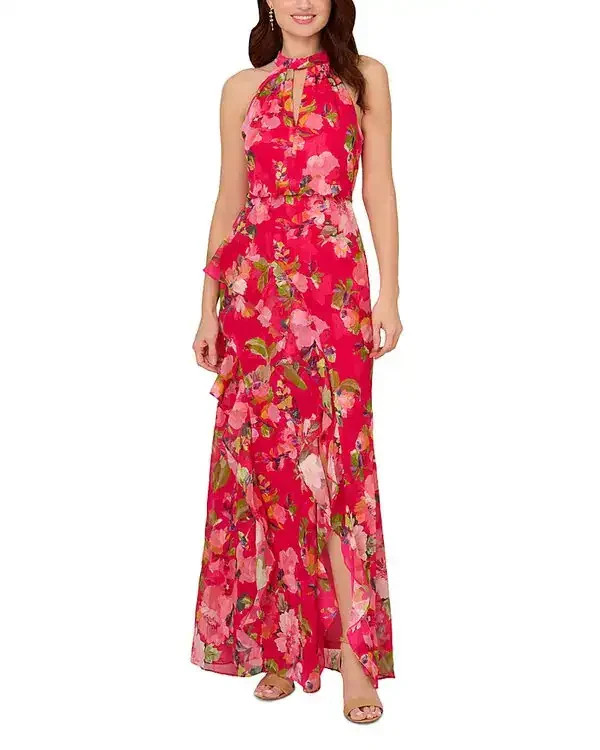 Adrianna Papell Pink Multi Floral Ruffle Mermaid Cocktail Dress Size 10P $199