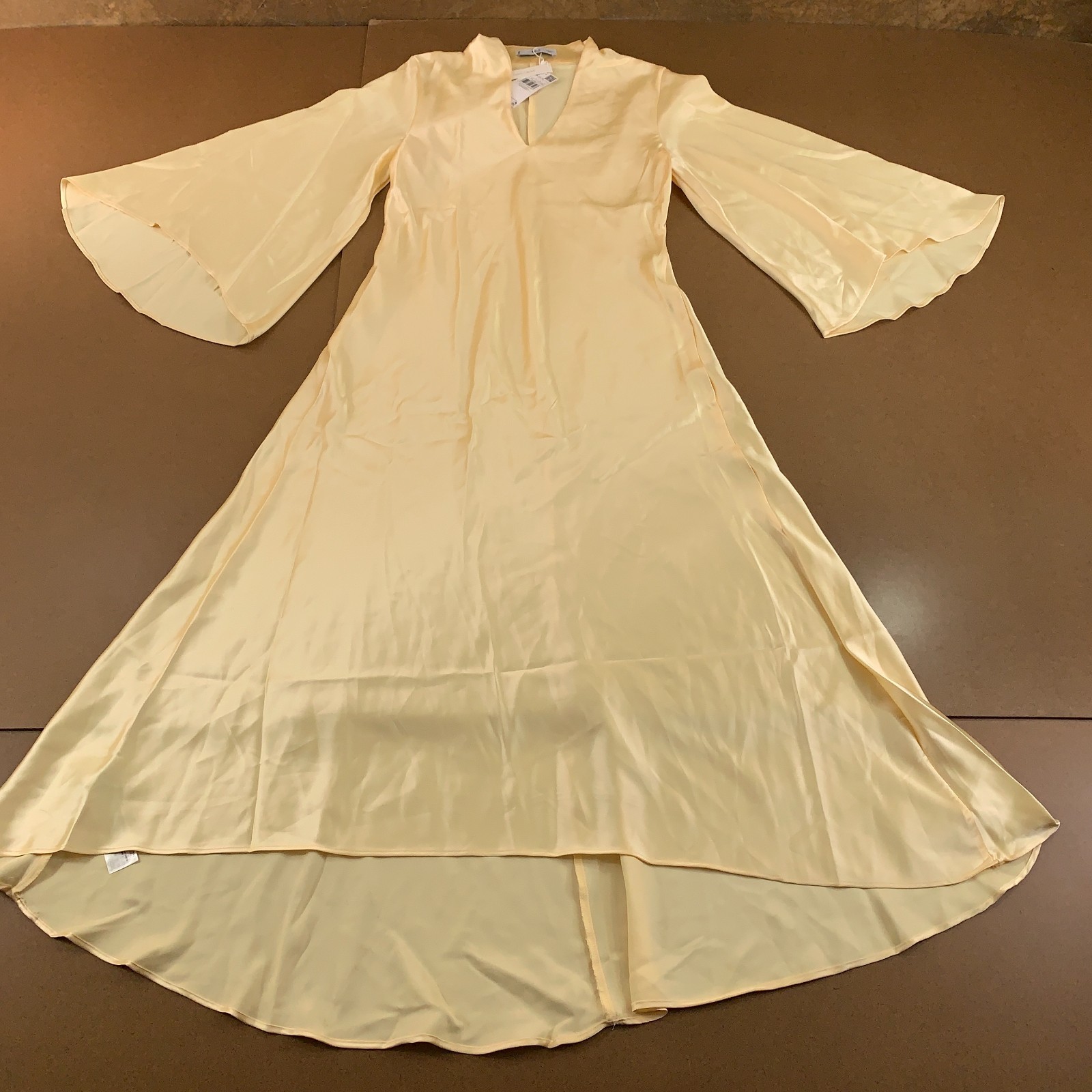 Mango Womens US 8 Pale Yellow Satin V-Neck Flared Sleeves Lined A-Line Dress NWT