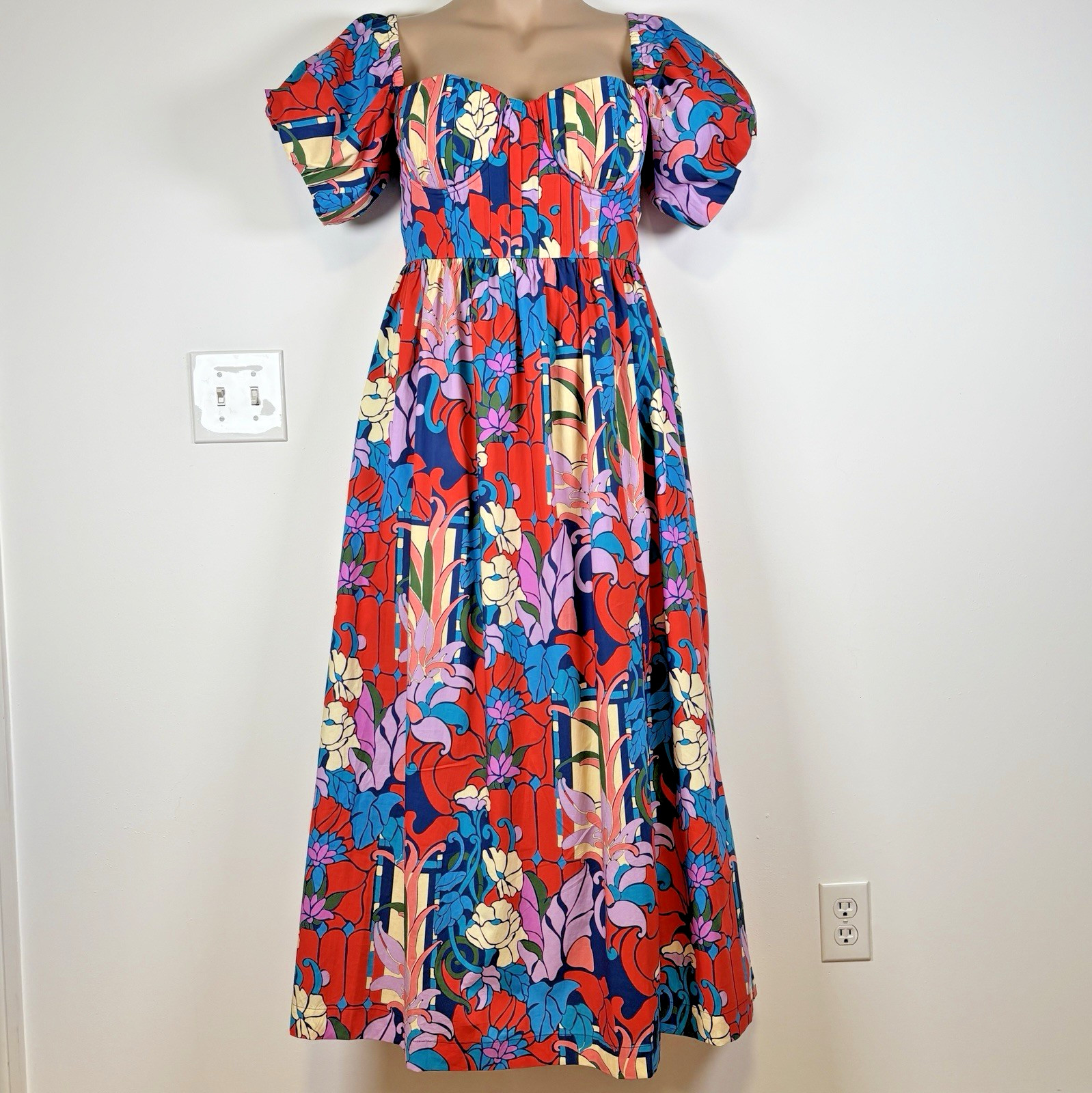 Tuckernuck Maxi Bustier Dress 12 Colorful Floral Underwire Puff Sleeves Cotton