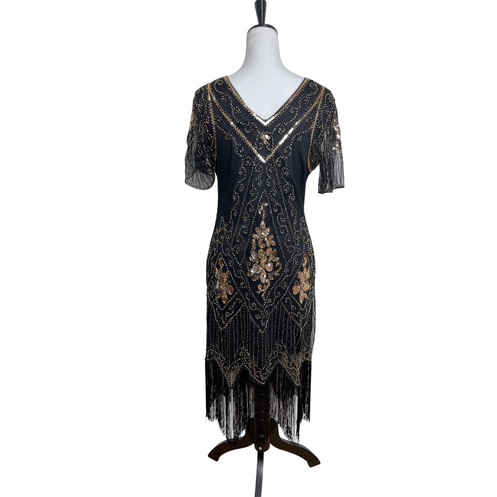 NEW Black Beaded Sequin & Fringe Flapper Midi Dress Size Large Party Statement