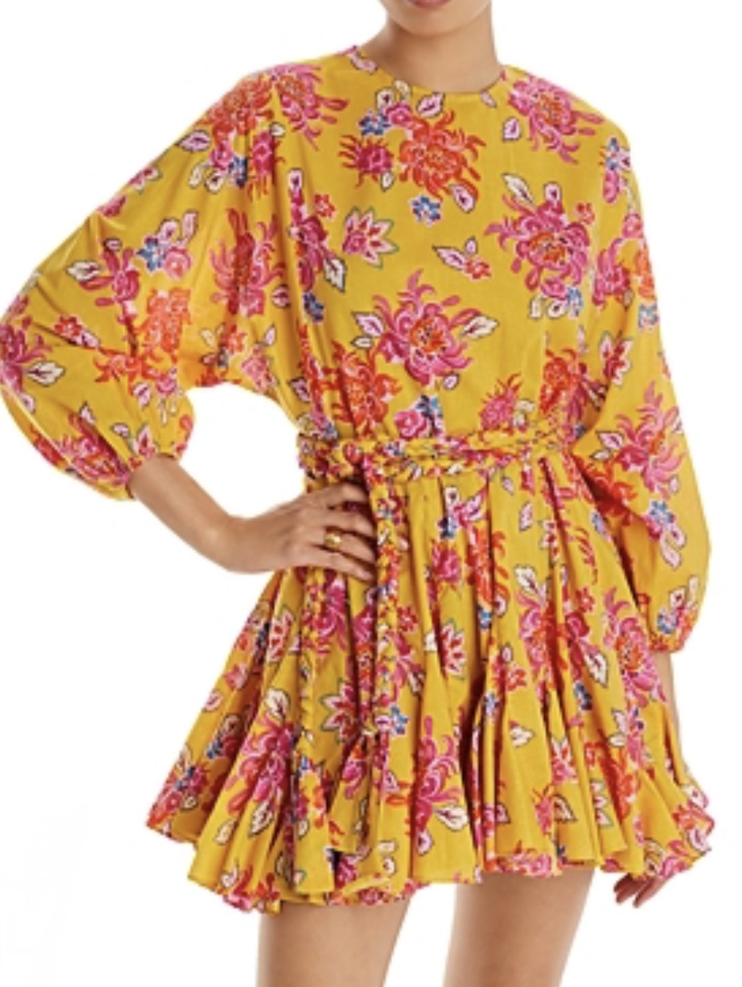 Rhode Ella Dress Sz Med Gold Lanai Floral (Yellow/Multi) Long Sleeve Belted NWOT