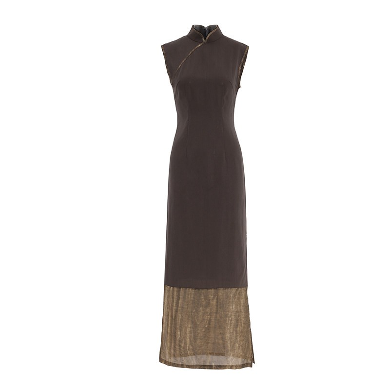 New Chinese Style Dress Women Summer Sleeveless Dress Brown Cheongsam Long Skirt