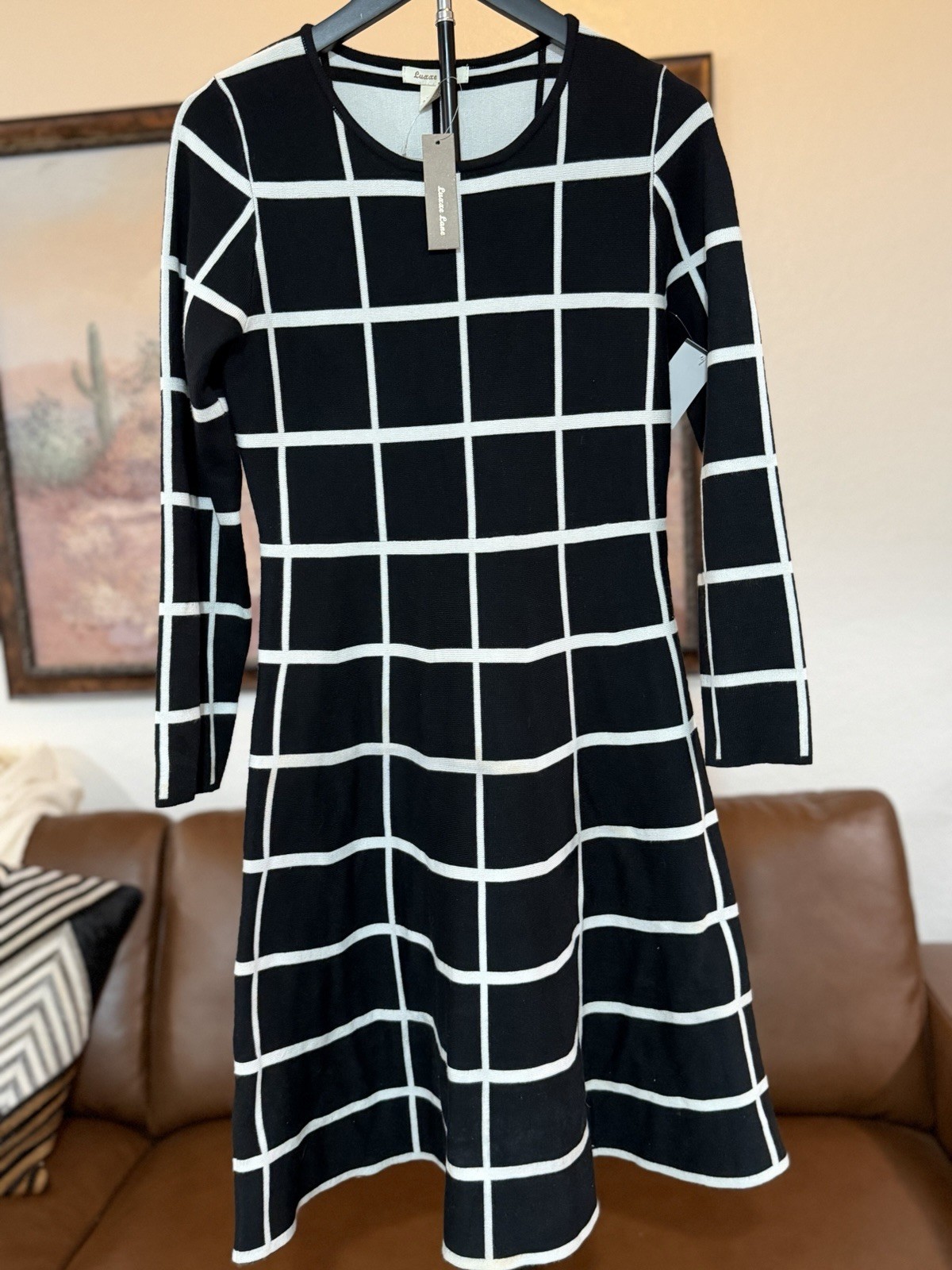 Luxace Lane Black/White Check Round Neck Knit A-Line Knee Dress Long Sleeve M