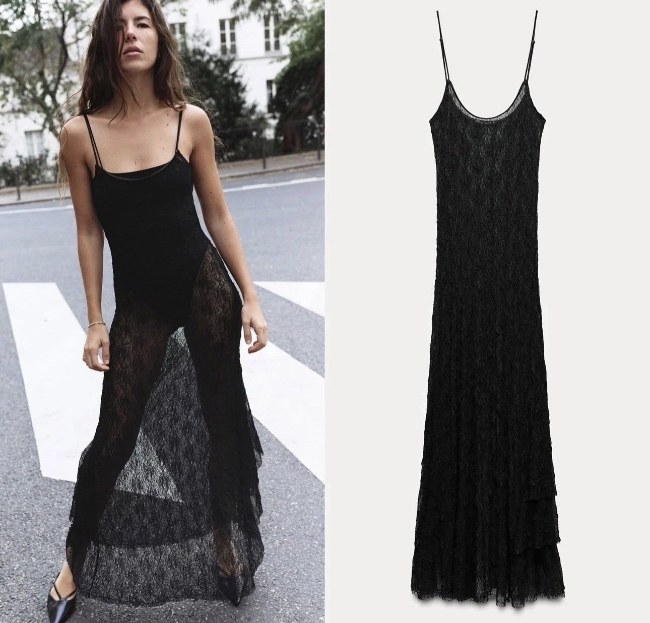 Zara Sheer Long Lace Dress Ruffled Hem Black Size M