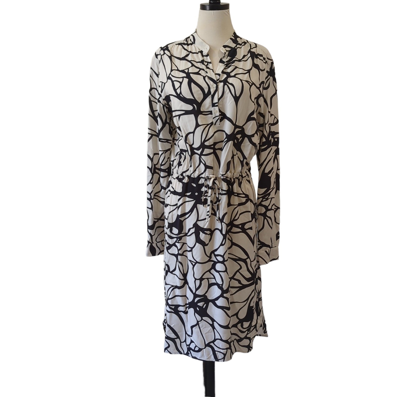 0039 Italy Womens Black White Shirt Dress Viscose Tie Waist Cinch Size XS