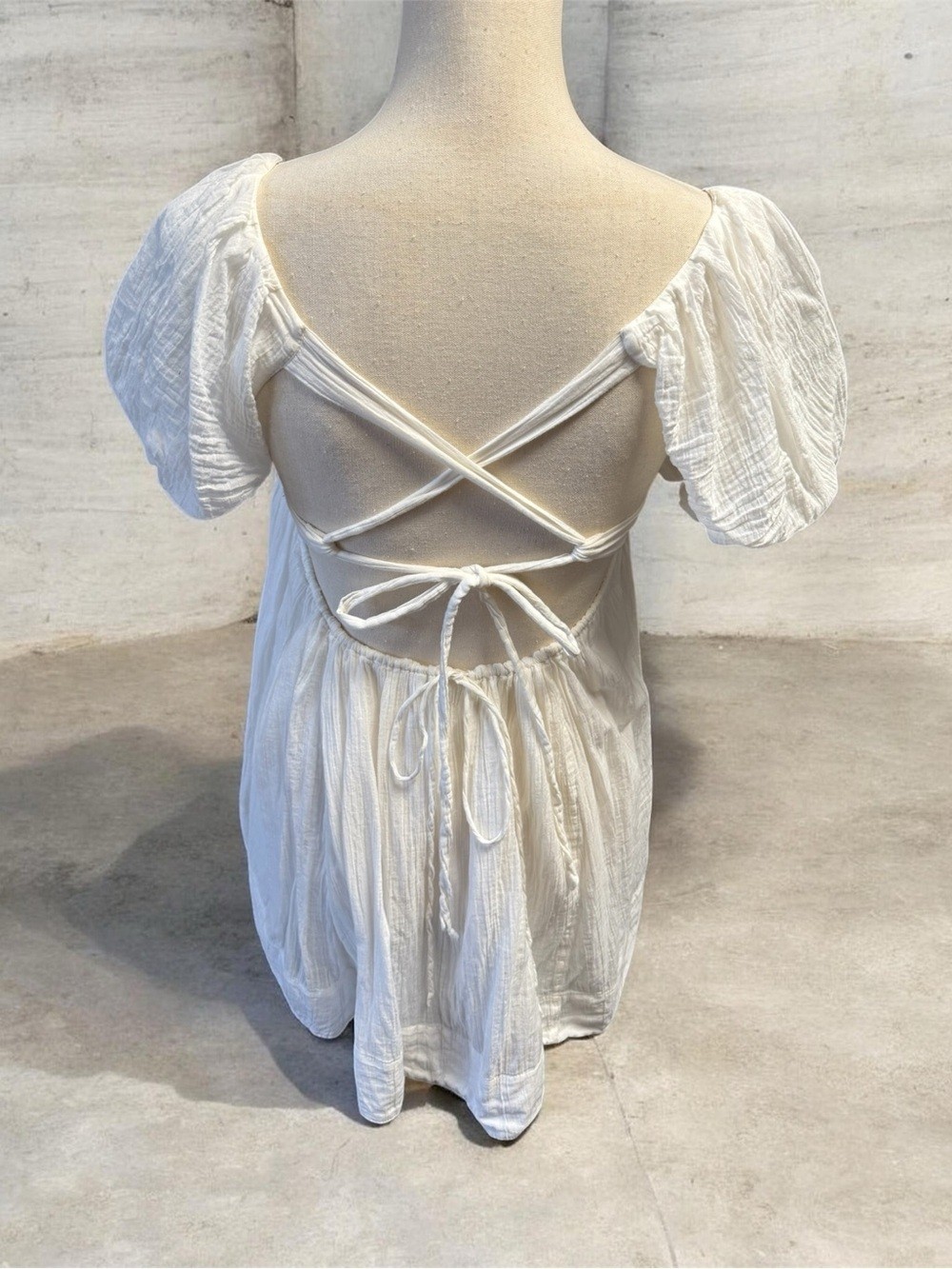 Free People White Cotton Babydoll Mini Dress Open Back Puff Sleeve S/M