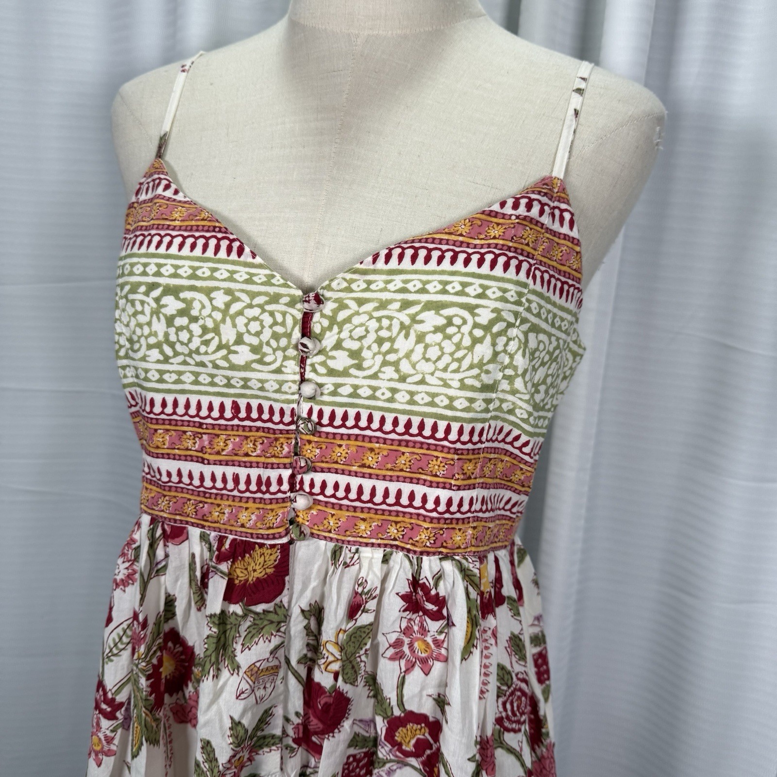 ANOKHI Floral Hand Block Print Indian Cotton Maxi Dress Boho A-line Sz M Cottage