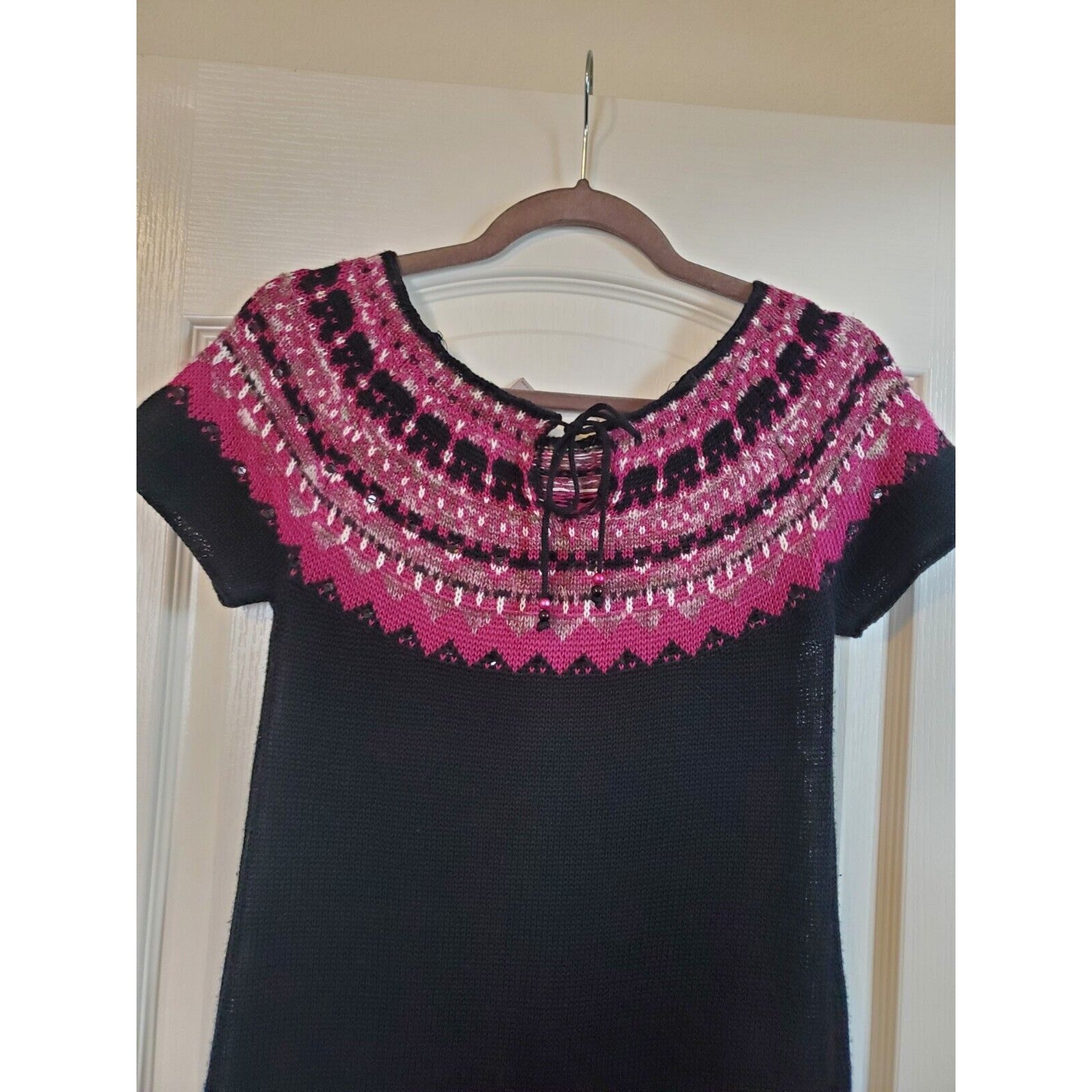 American Rag Cie Black Purple Knit Cap Sleeve Pullover Sweater Dress, Size Small