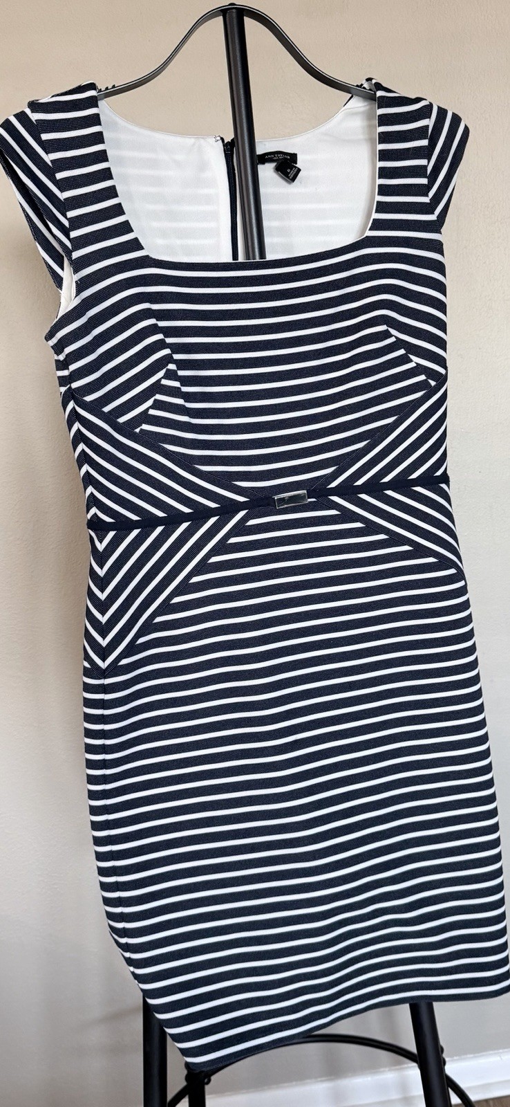 Ann Taylor Navy White Striped Knit Sheath Dress Square Neck Lined Zip 6