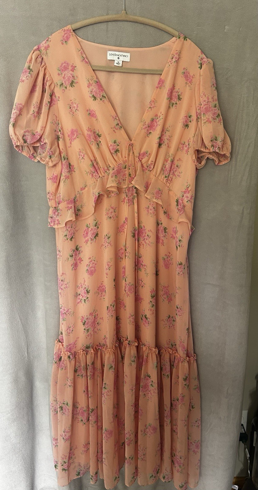 LoveShackFancy Floral V-Neck Puff Sleeve Ruffle Midi Dress Peach Pink 14