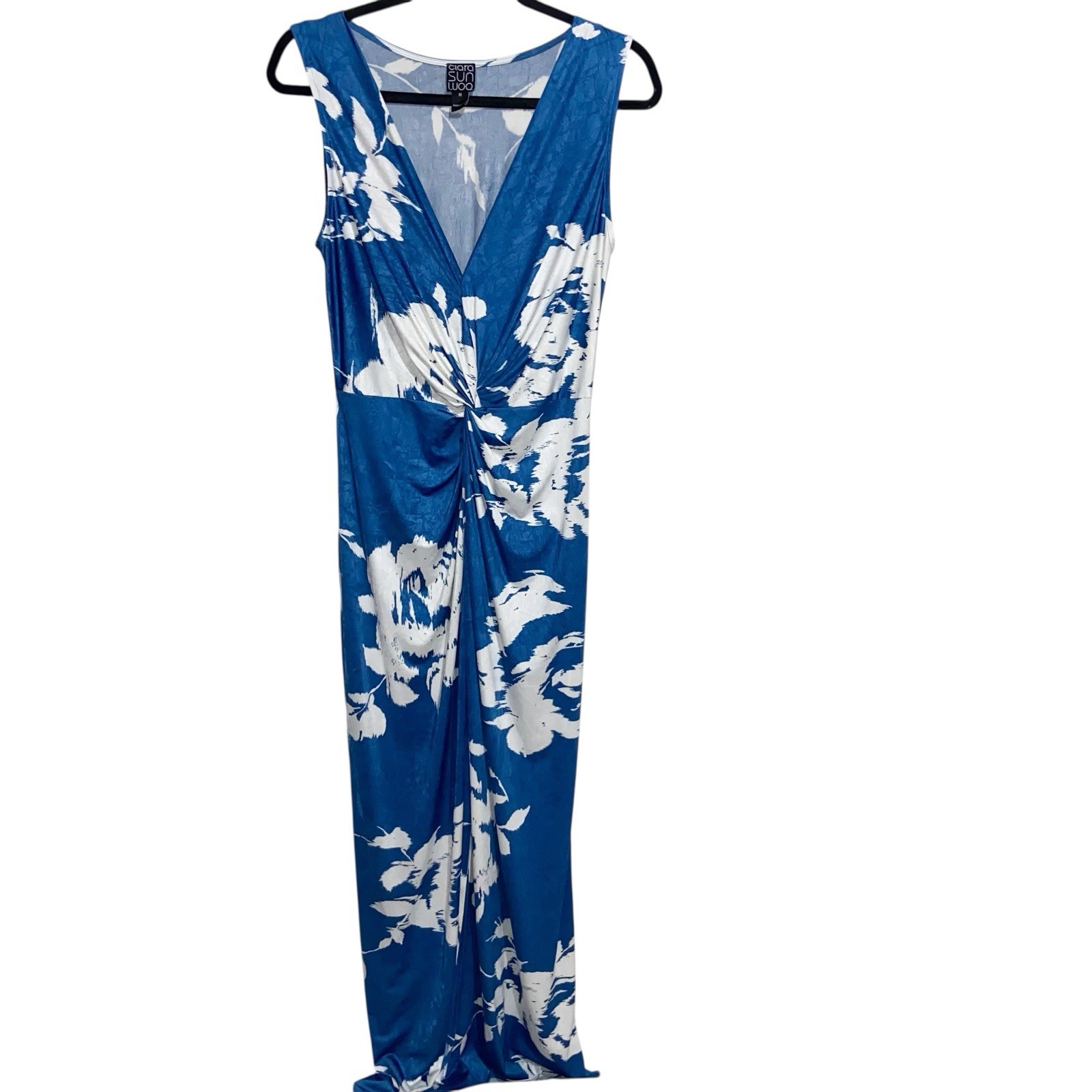 Clara Sun Woo Dress Medium USA Maxi Blue Floral Beachy Resortwear Stretch Artsy