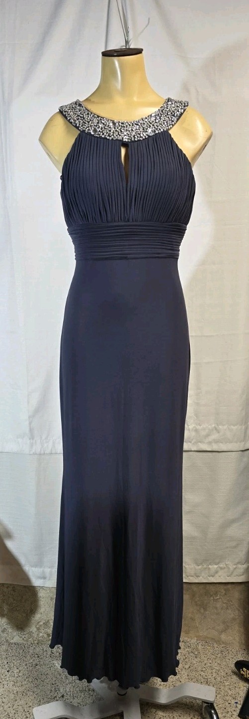 JS Boutique Gown 4 Navy Beaded Pleated Formal Evening Prom Maxi Dress