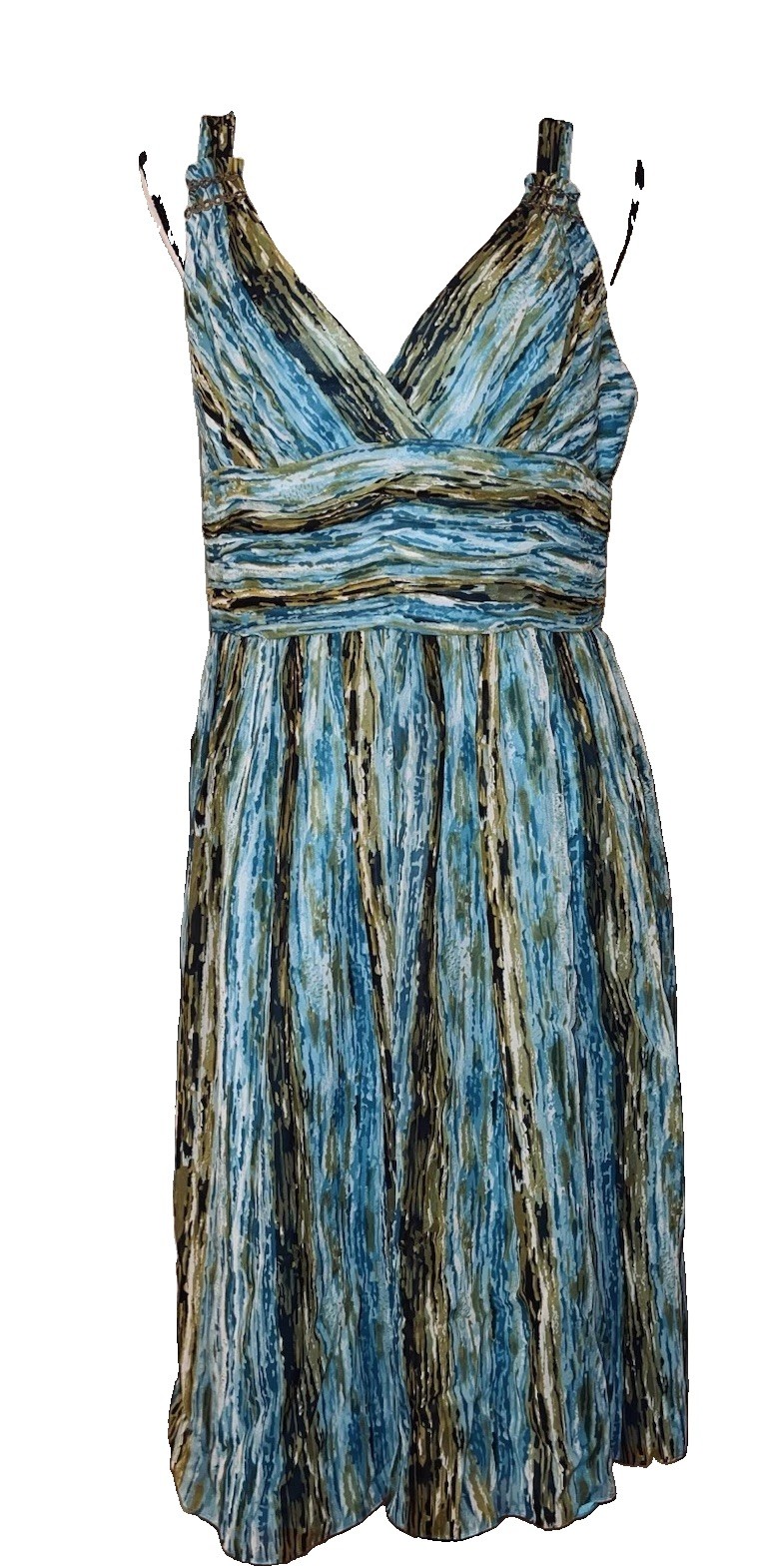 Carmen Mark Valvo Dress Size 12 Blue Olive Silk Chiffon Rouched Halter Cocktail