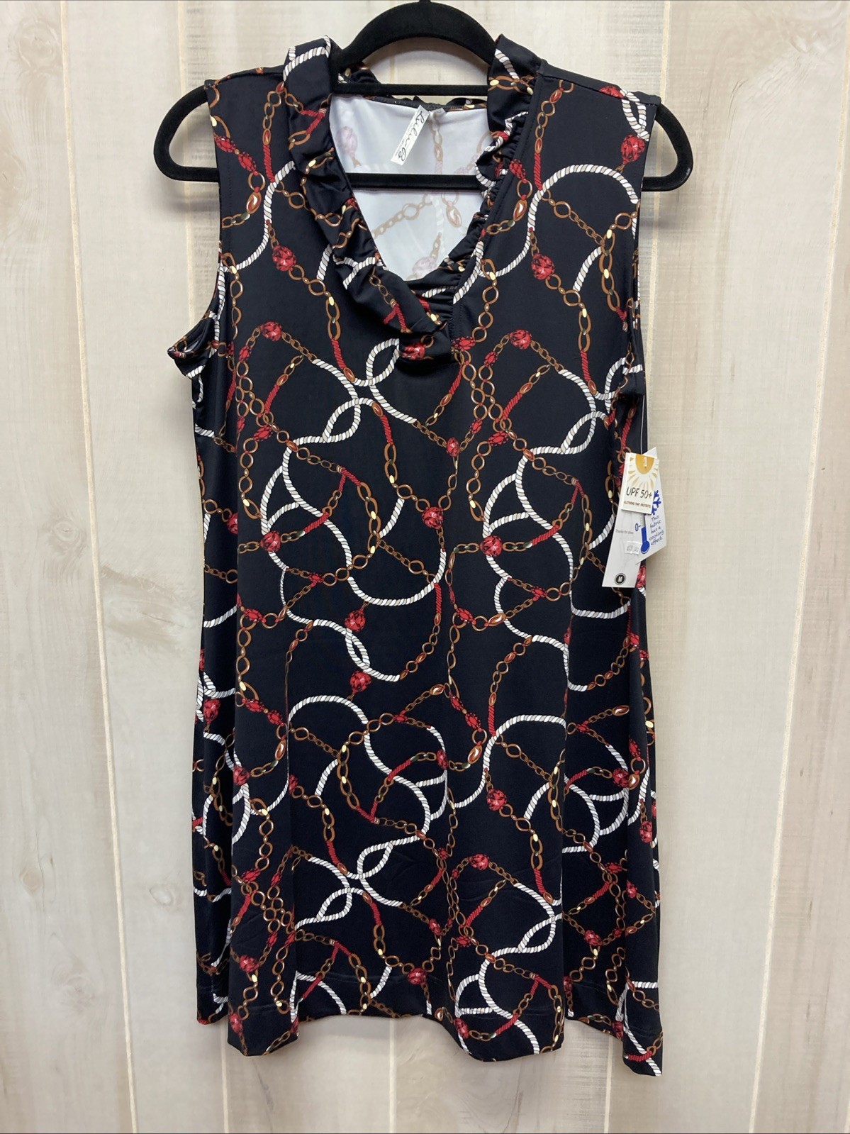 M Black Red Jewel Tank Dress V Neck Ruffle