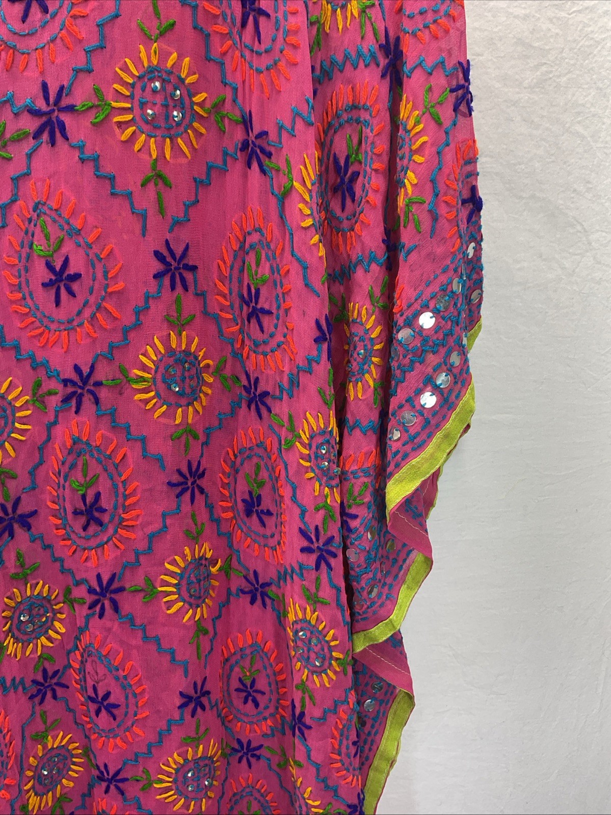 Pink Boho embroidered Studded Kaftan Beachy Vacation Cruise Glam flowy resort OS