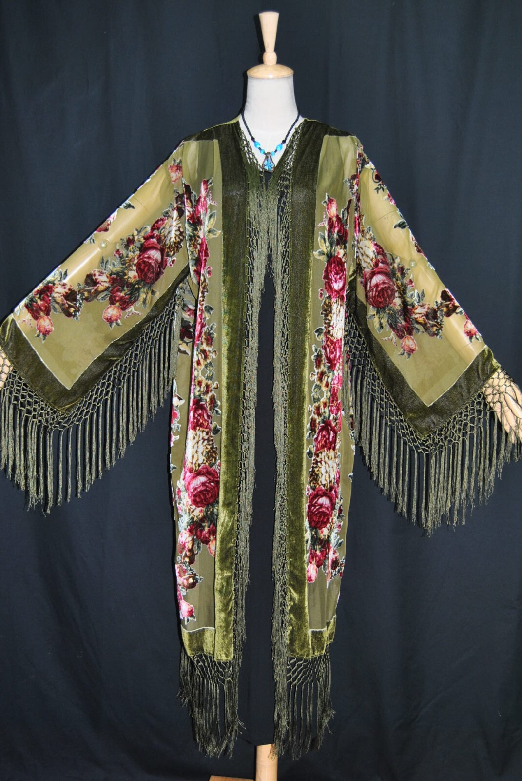 Art to Classic Eastern Flower Burnout Velvet Fringe Jacket Coat Kimono Duster