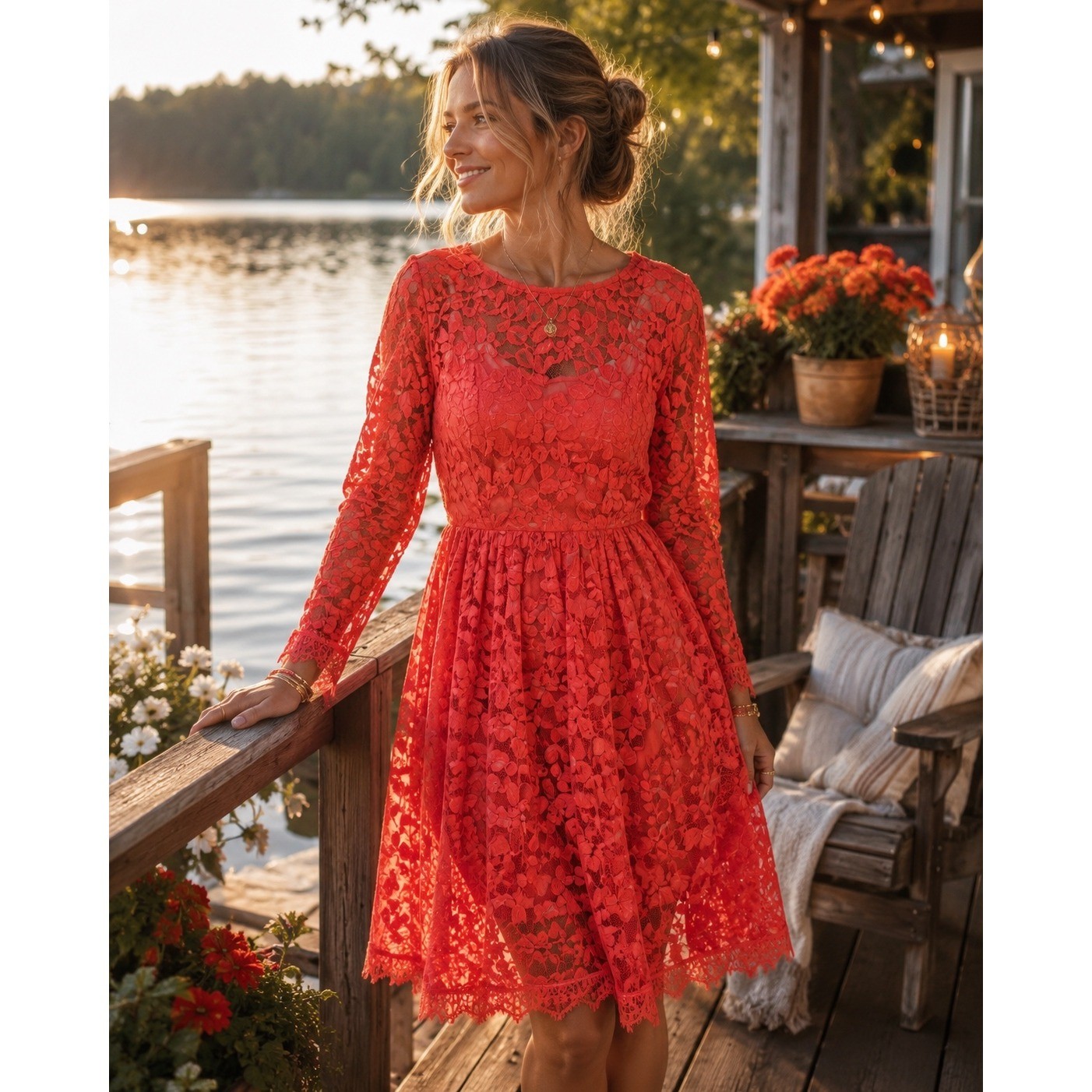 Romantic Floral Lace Sheer Overlay Fit Flare Party Wedding Dress Coral Sz L